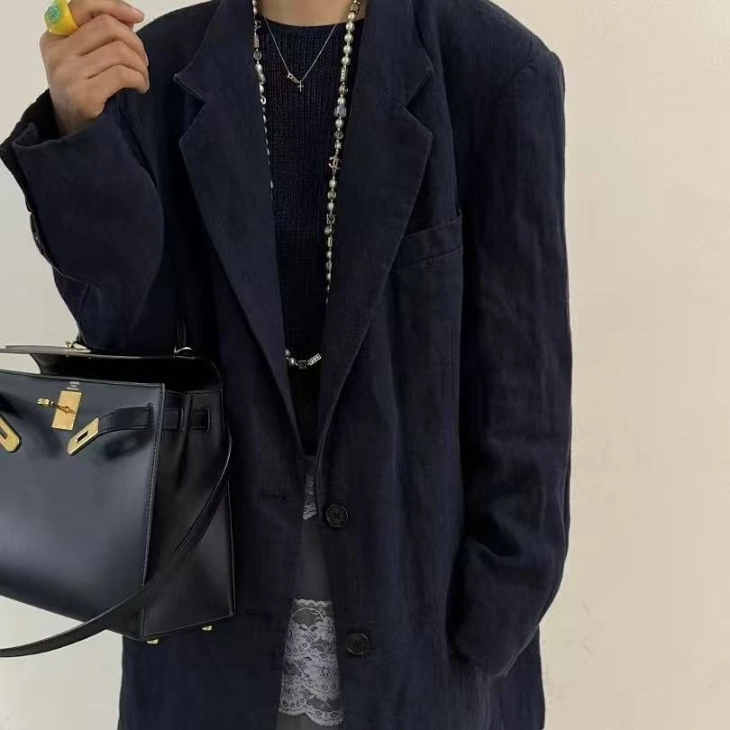 【九个香蕉】藏蓝亚麻西装