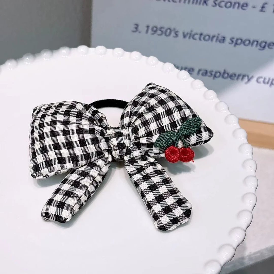 A-8833（满10米飞）d 1个黑色格子蝴蝶结樱桃刺绣布艺充棉头绳 发圈