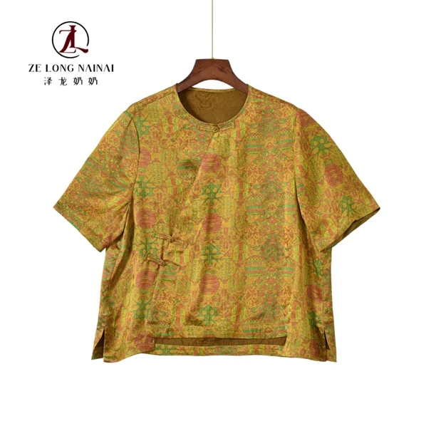 8049煌罗万象人丝香云纱复古国风提花斜襟盘扣圆领短袖