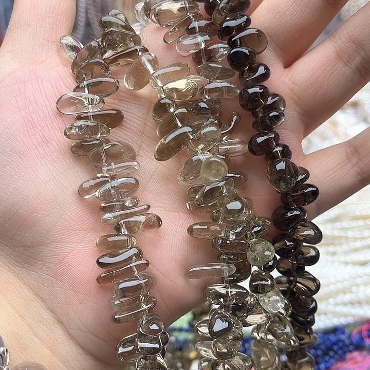 未镶嵌玛瑙/玉髓珠宝半成品一条茶晶侧孔珠