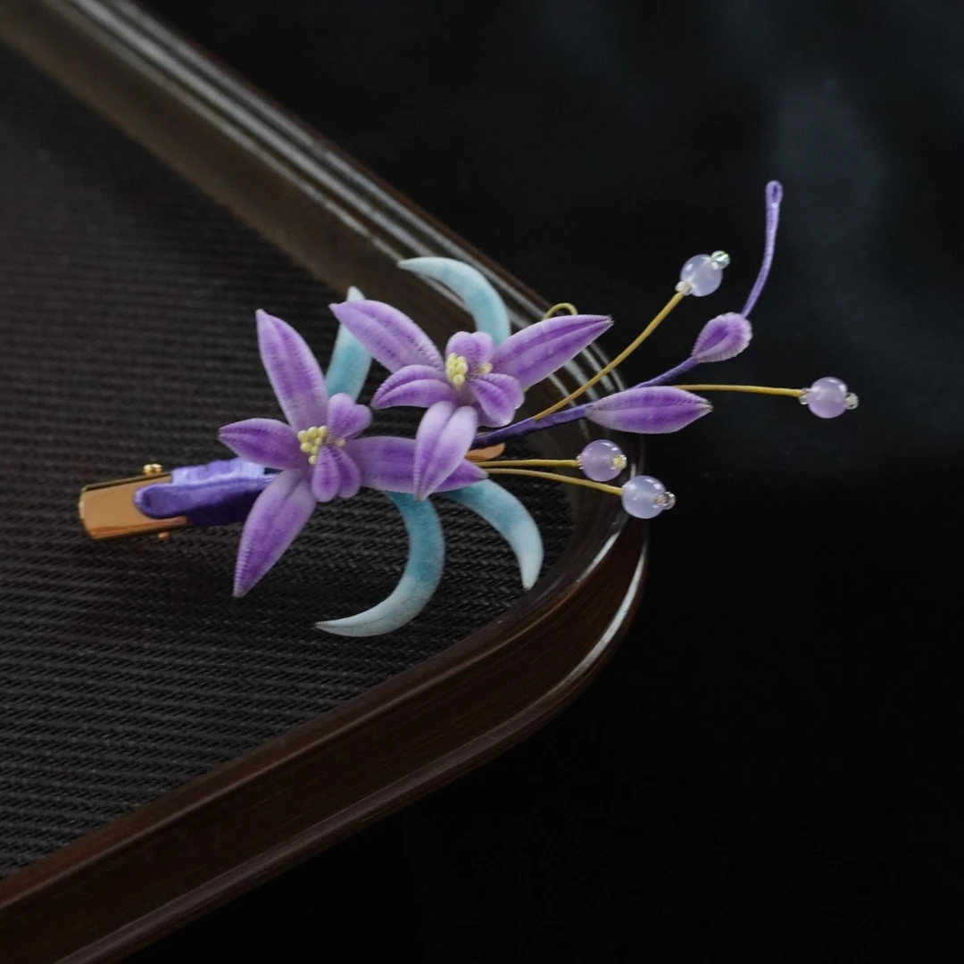 小兰花发夹紫色非遗绒花胖绒手工艺品日常手作汉服马面裙配饰