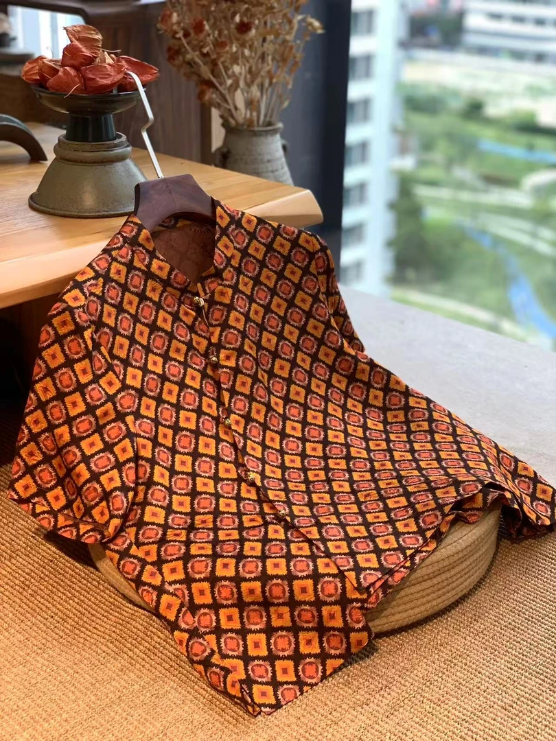 聆夏质造【敦煌四合如意孔萝香云纱】显白气质透气斜襟短袖衬衫