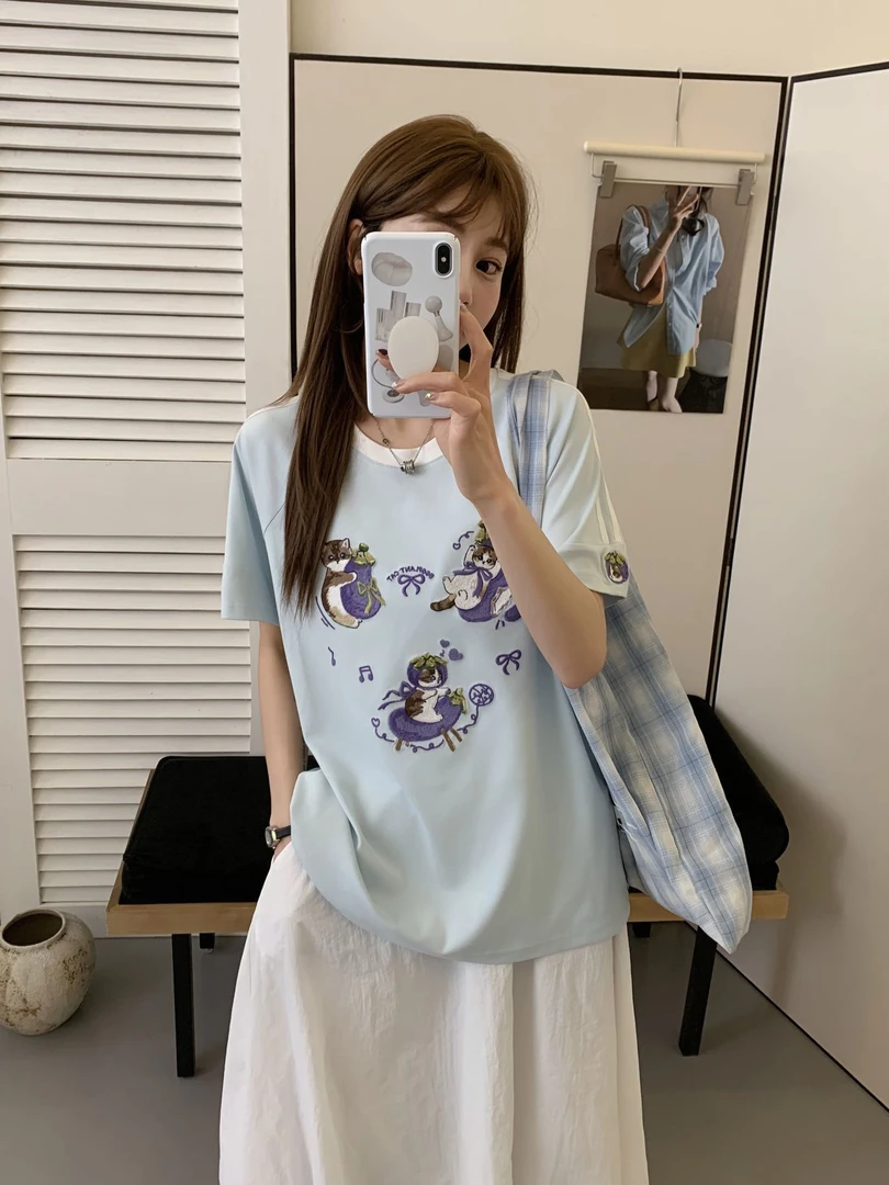 夏季新款重工刺绣领结小猫休闲百搭圆领短袖-T687