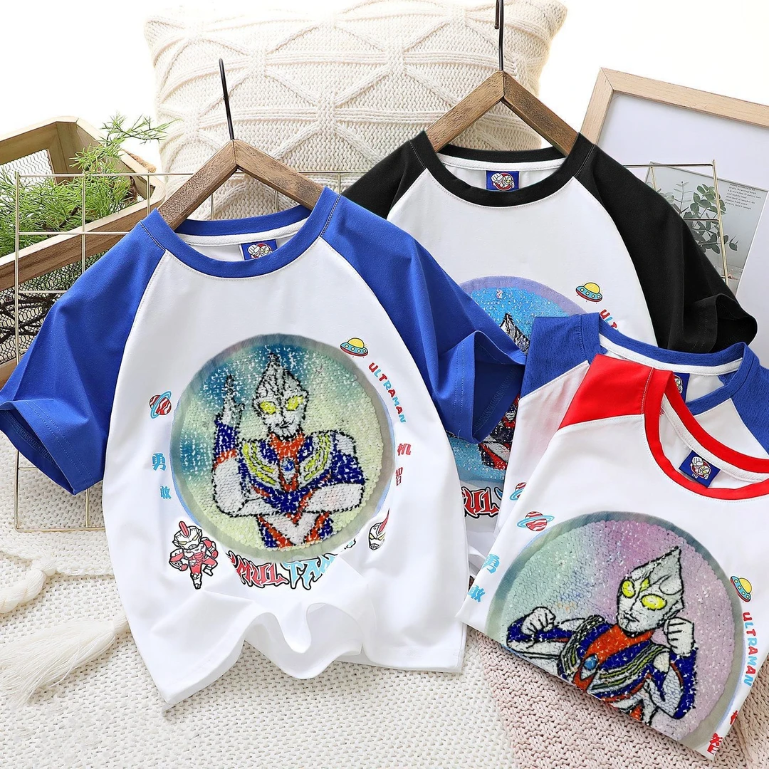 纯棉男孩儿童装奥特曼夏季爆款变色中小童短袖T恤卡通亮片上衣服