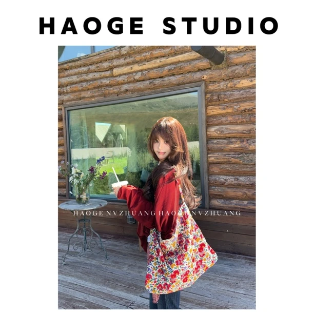 【浩哥好物】章若楠同款碎花帆布包2025春夏新款韩系单肩包包大容量