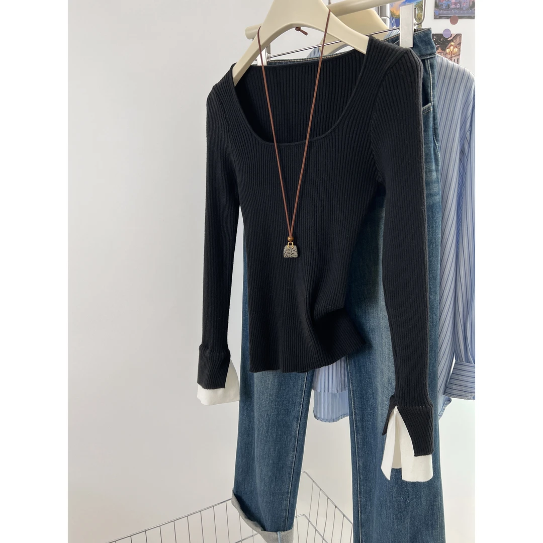 黑色方领针织打底衫女秋冬季洋气内搭辣妹修身显瘦露锁骨长袖上衣