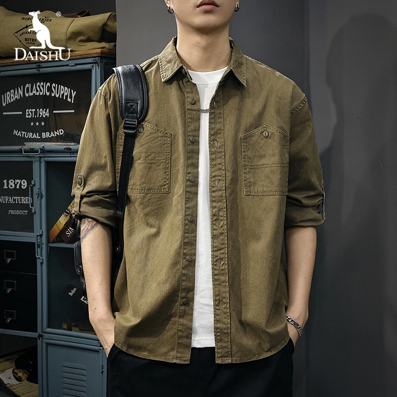 Dai Shu/袋鼠美式复古工装长袖衬衫男秋季新款高级感休闲外套潮