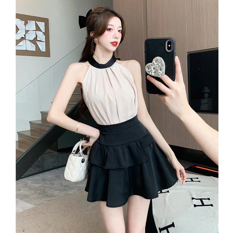 轻熟风高腰吊带法式白色辣妹风千金风时尚套装连衣裙夏季显瘦气质
