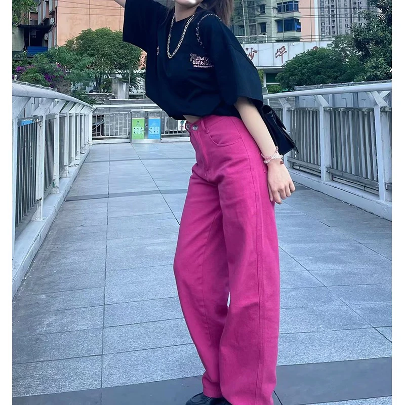 （清货）新款火龙果色阔腿牛仔裤女高腰垂感显瘦直筒长裤