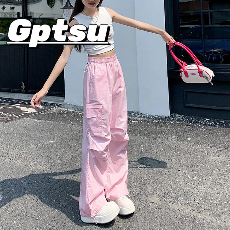 GPTSu粉色高腰显瘦束脚工装裤女显腿长百搭2025夏季款多口袋宽松