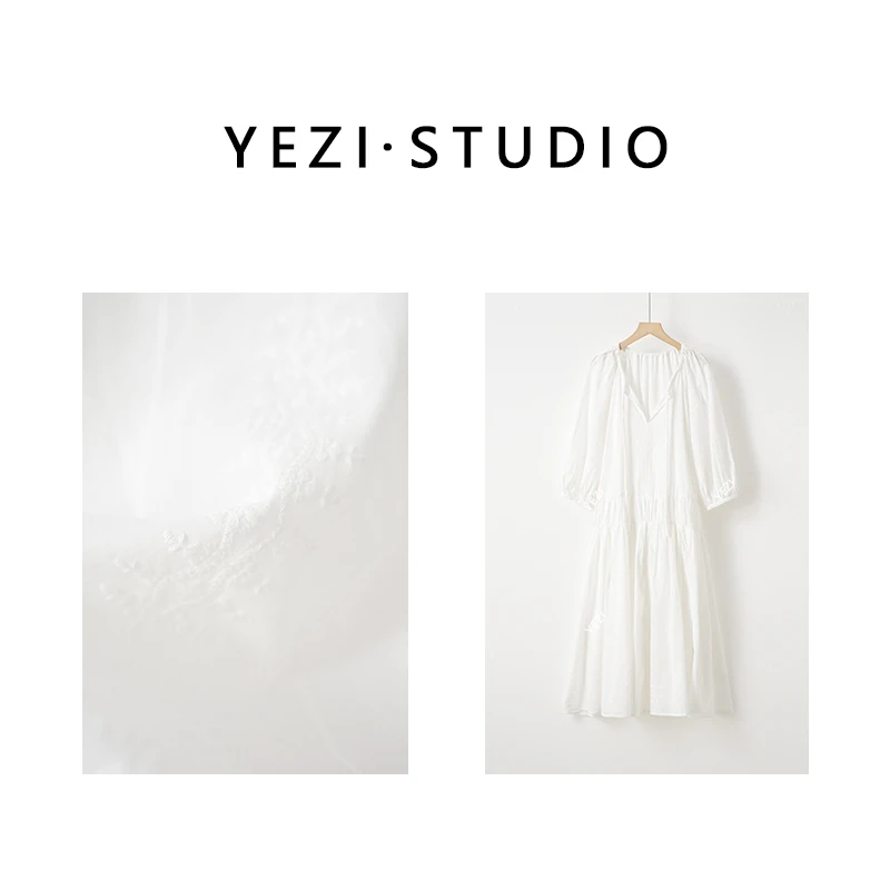 【小白裙】立体刺绣肌理感法式V领显瘦连衣裙25234004