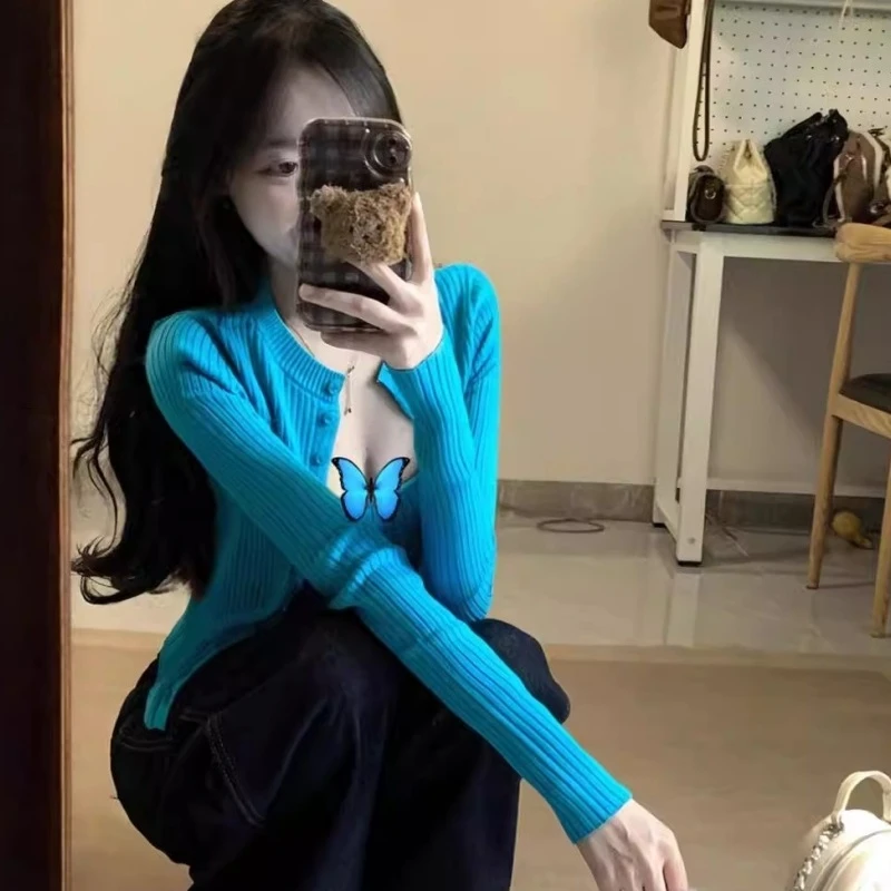 韩系纯欲辣妹针织吊带开衫两件套女蓝色百搭修身显瘦短款小上衣