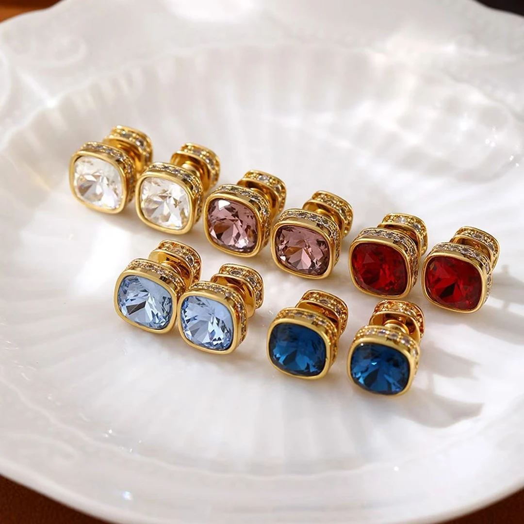 铜合金锆石耳饰 蓝色水晶耳钉女高级感精致时尚几何耳环中古耳饰