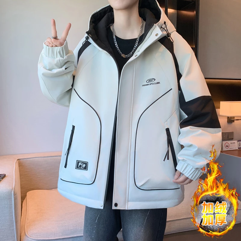 2025冬季加绒外套加厚新款冲锋衣青少年潮流连帽学生夹克百搭休闲