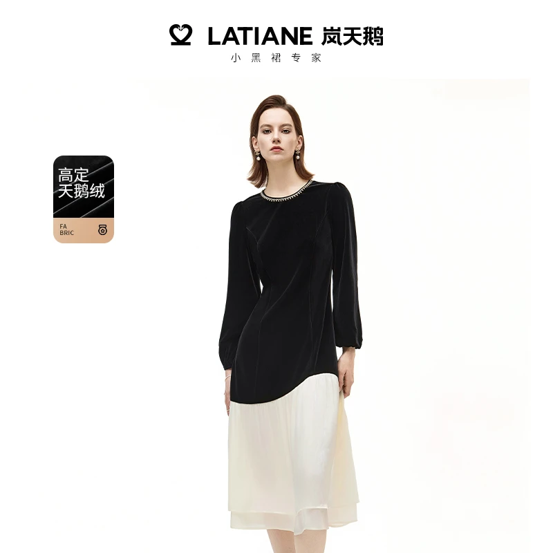 岚天鹅25秋季新款法式收腰显瘦高定天鹅绒鎏金连衣裙5670