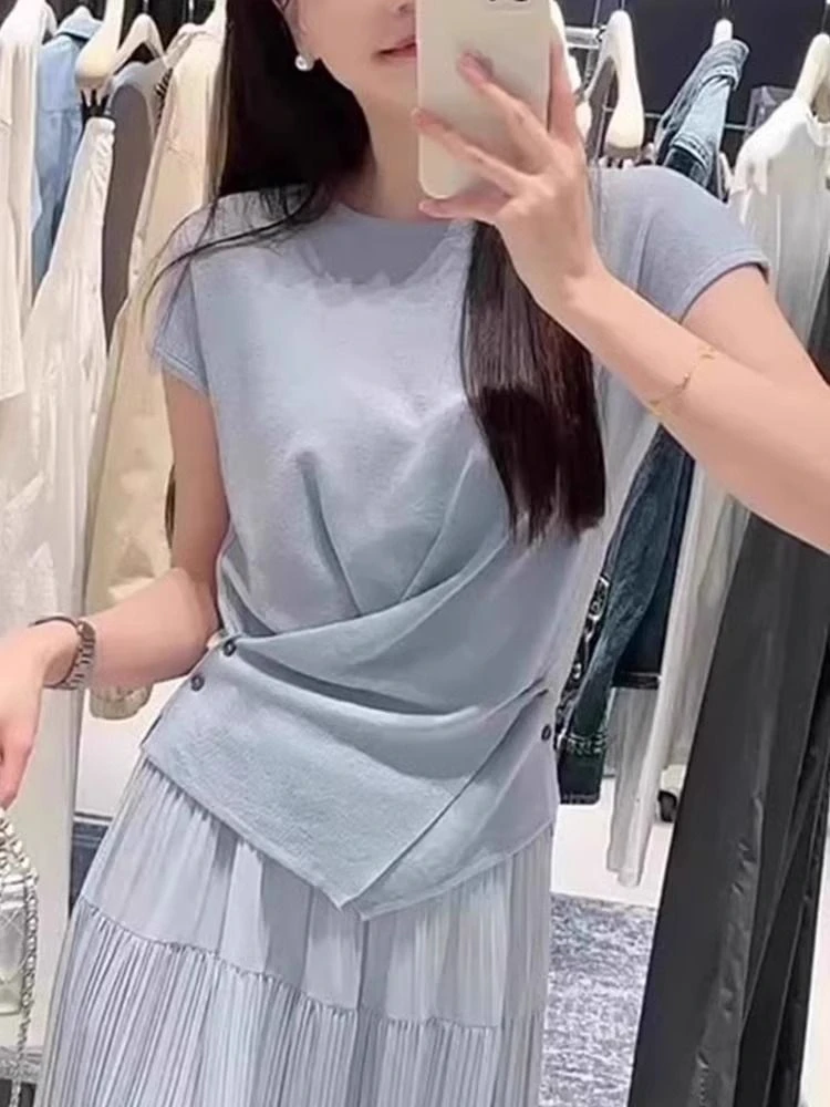 独特时尚纯色圆领交叉下摆2025夏季休闲针织衫上衣短袖休闲洋气女