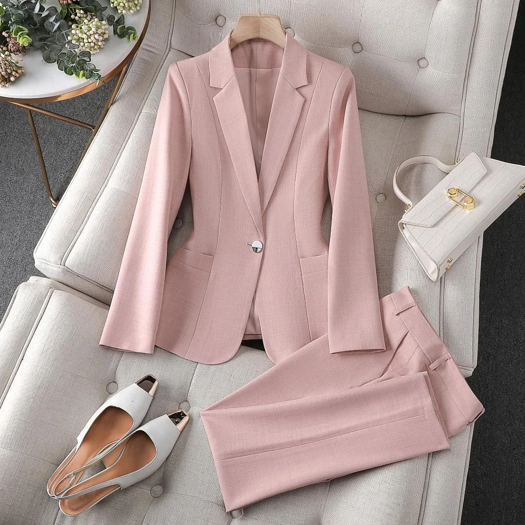 0323粉色西装套装女春秋新款职业高气质女神范主持人西服两件套