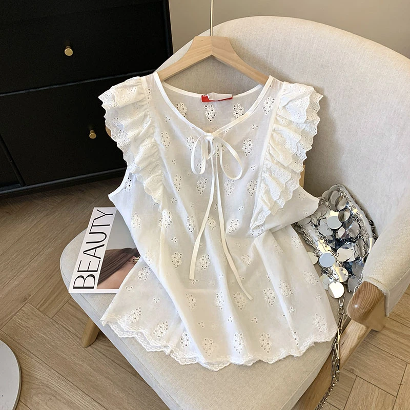 时尚小个子飞飞袖荷叶边上衣女夏季新款2025年韩系通勤白色上衣潮