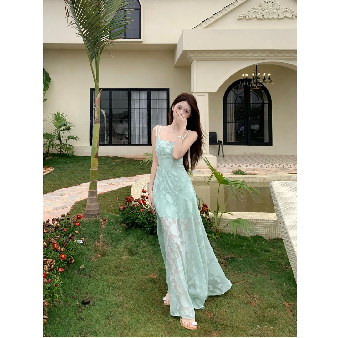 【薄荷疏影】春夏镂空肌理感提花大摆吊带修身连衣长裙甜美少女