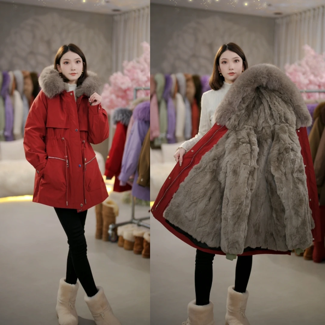 枫叶2515【獭兔毛内胆+毛袖】狐狸毛领可拆卸派克服