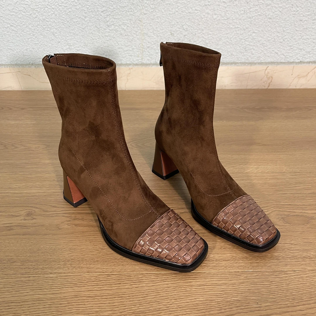 7cm  短靴新款 拼接 方头小众设计时尚瘦瘦靴短筒靴女秋冬