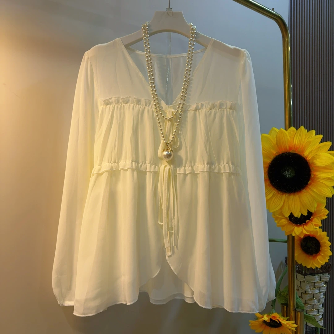 YD春秋时尚法式甜美风宽松型V领雪纺衫