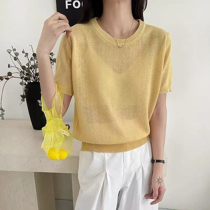 【韩系穿搭】针织短袖t恤女2025新款夏季薄款宽松打底上衣女装M1920