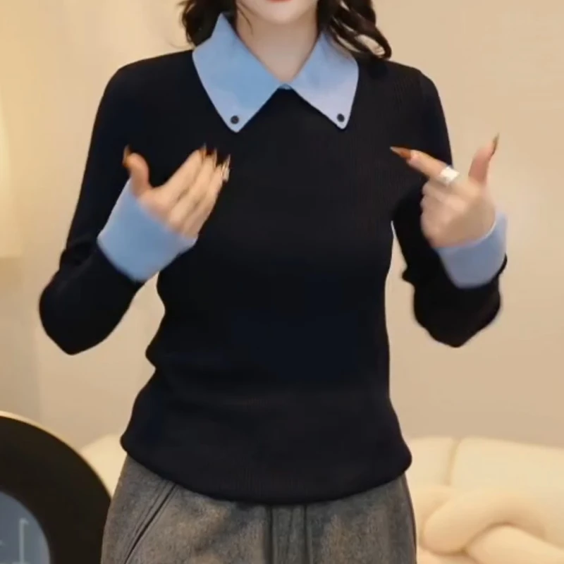 『雾蓝蓝』翻领设计感拼色修身显瘦毛衣针织衫LK2506959-1