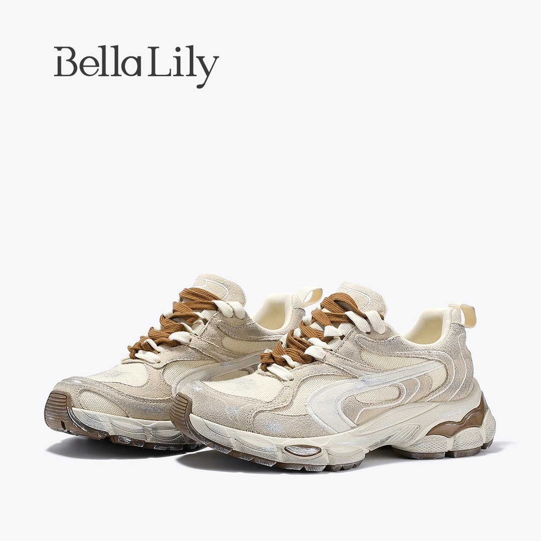 BellaLily2025秋季新款牛皮系带擦色松糕鞋增高厚底休闲运动鞋潮