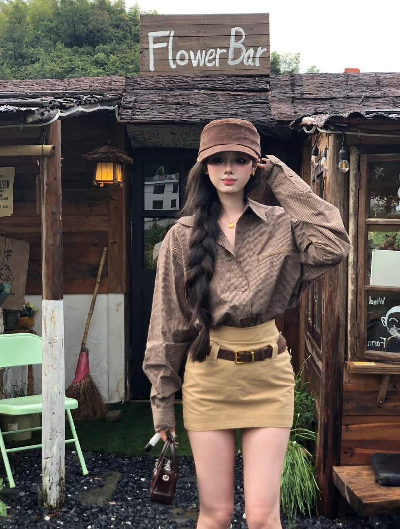 法式复古美拉德格纹长袖衬衫女早秋季新款高级感气质宽松显瘦半裙