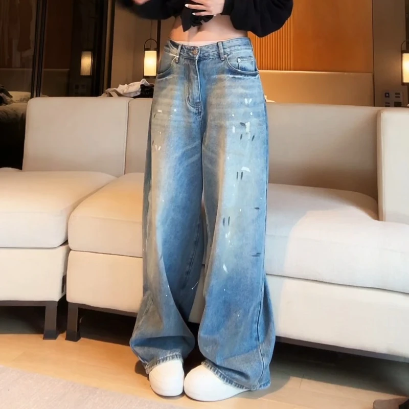 涂鸦点漆做旧水洗宽松直筒牛仔裤休闲设计感阔腿长裤LK2505419