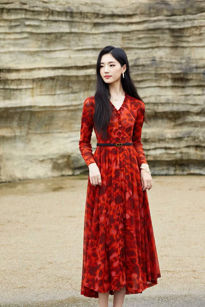 【新品】意大利超柔纱V领法式舒适风常规秋季中长款连衣裙