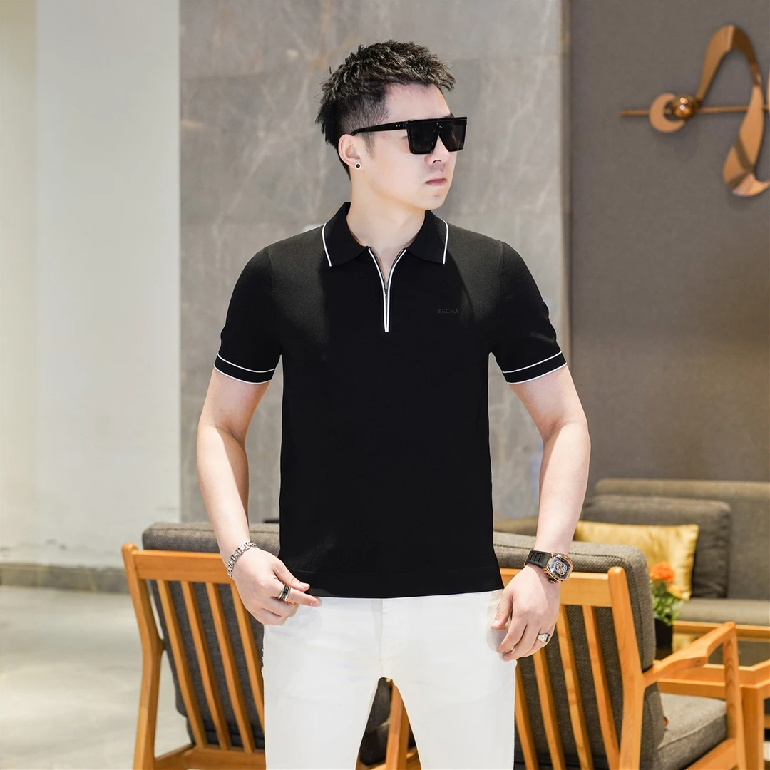 2025夏季新款男士高级感优雅从容黑色拉链翻领针织POLO衫潮GL672