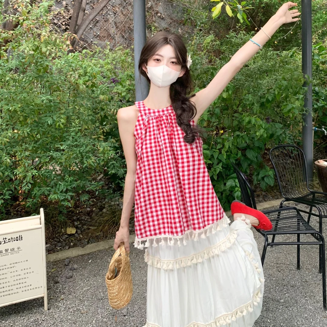 波西米亚红格子挂脖吊带背心女夏多巴胺泰式独特绝美外穿无袖上衣