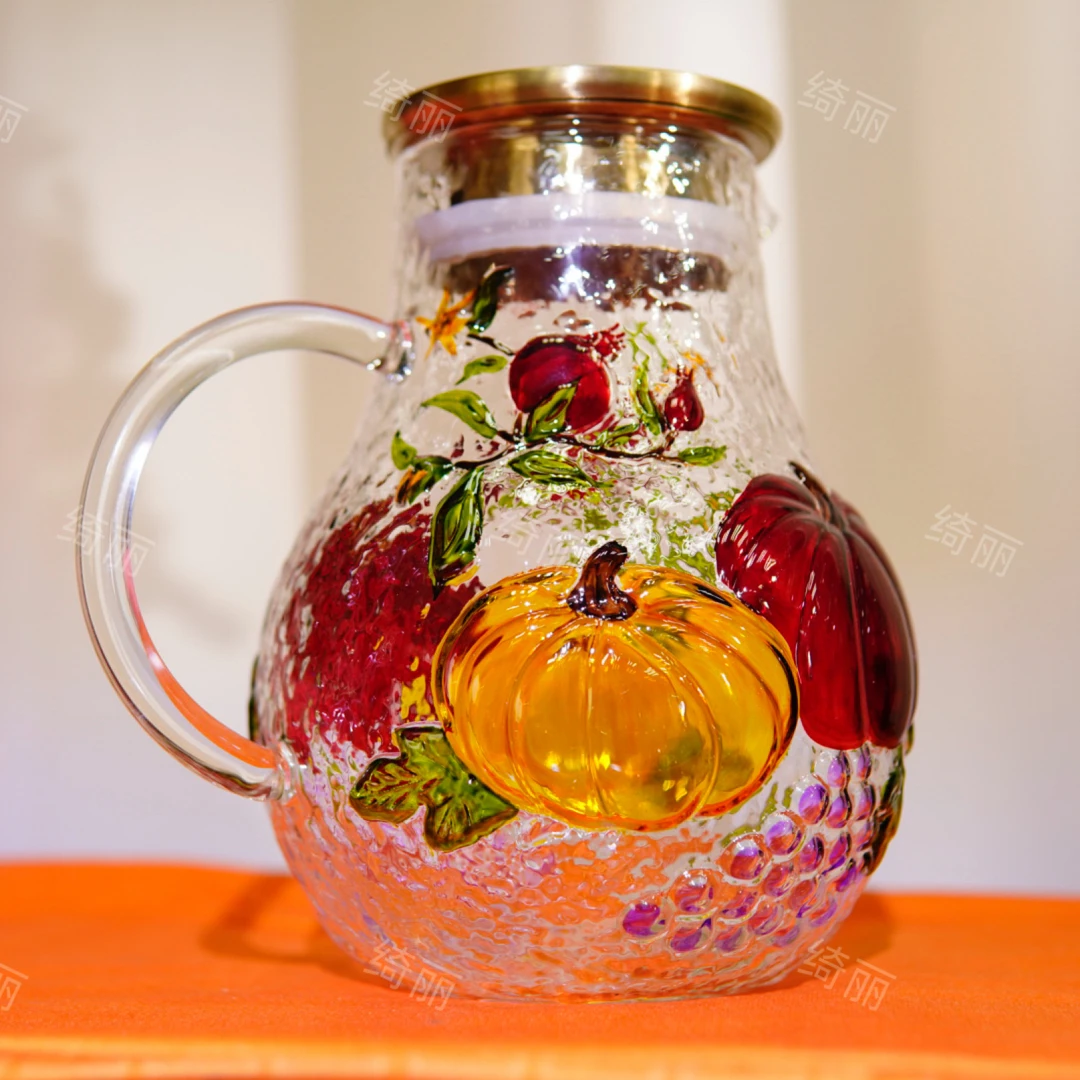 新款浮雕彩绘南瓜冷水壶耐热玻璃田园风家用带把客厅防爆凉水壶