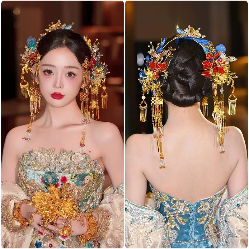 南洋风新中式红金蓝头饰新娘减龄高级感秀禾龙凤褂发饰20250121