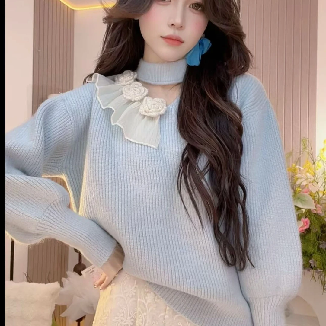 韩系甜美温柔花朵镂空毛衣2025针织衫钩花新款秋冬上衣百搭