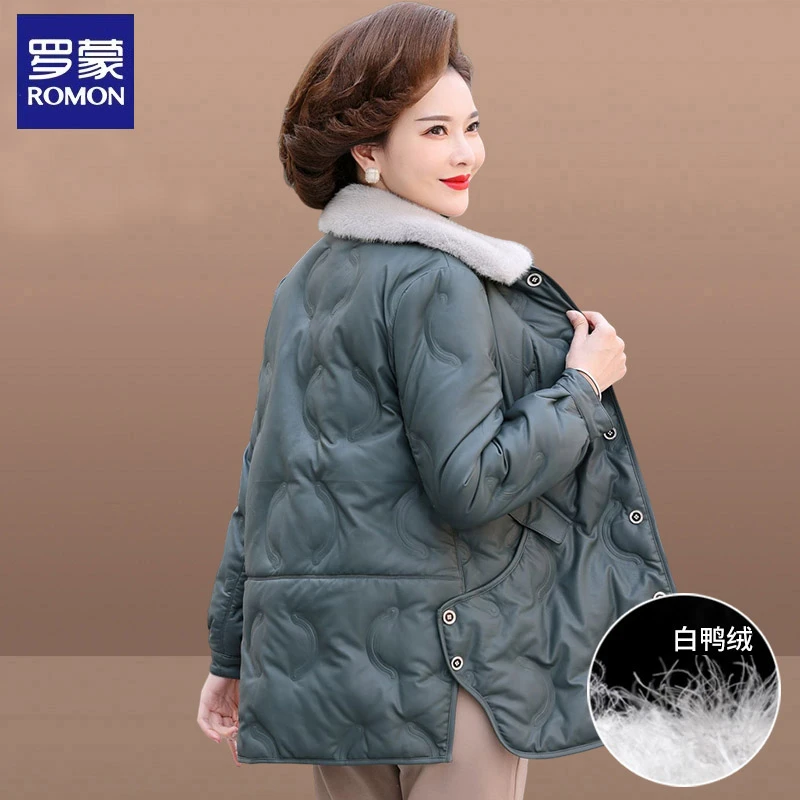 罗蒙妈妈装皮羽绒服女冬装外套中年时尚保暖棉袄中老年人秋冬棉衣
