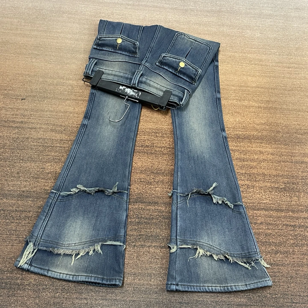 #H6-0879 加绒-厚绒 复古蓝个性辣妹兜盖口袋女神裤 高弹（不换退）