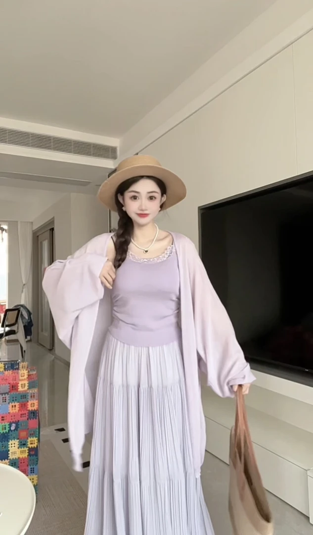 99332-十三行花边蕾丝吊带+针织开衫两件套