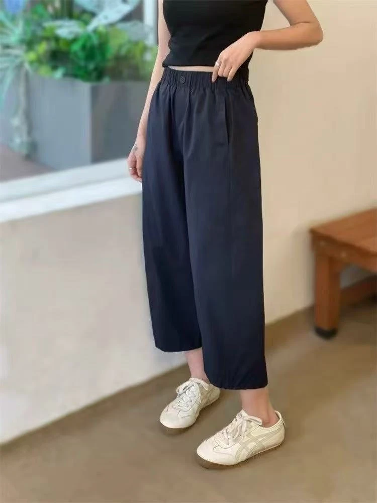 2507夏季新款韩版设计感纯色简约百搭显瘦松紧腰九分裤女弯刀裤