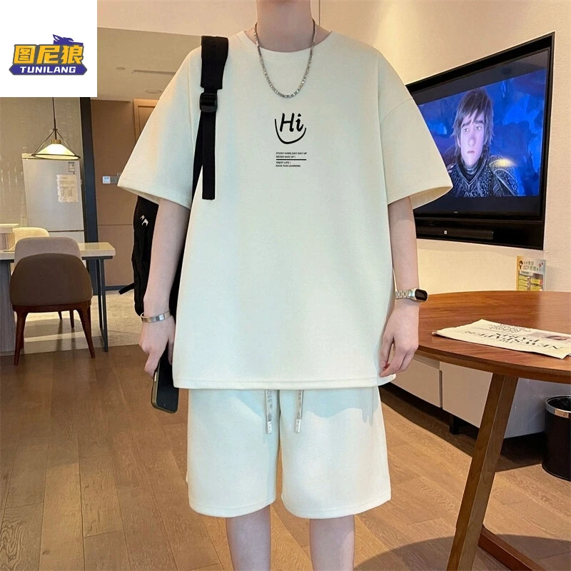 图尼狼夏季新款时尚T恤短裤套装男士休闲百搭青少年印花帅气套装