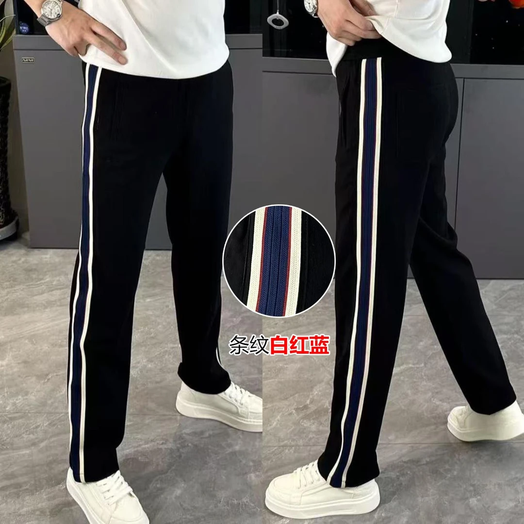 直筒裤男秋冬款裤子条纹织带休闲裤松紧腰韩系简约男士宽松阔腿裤