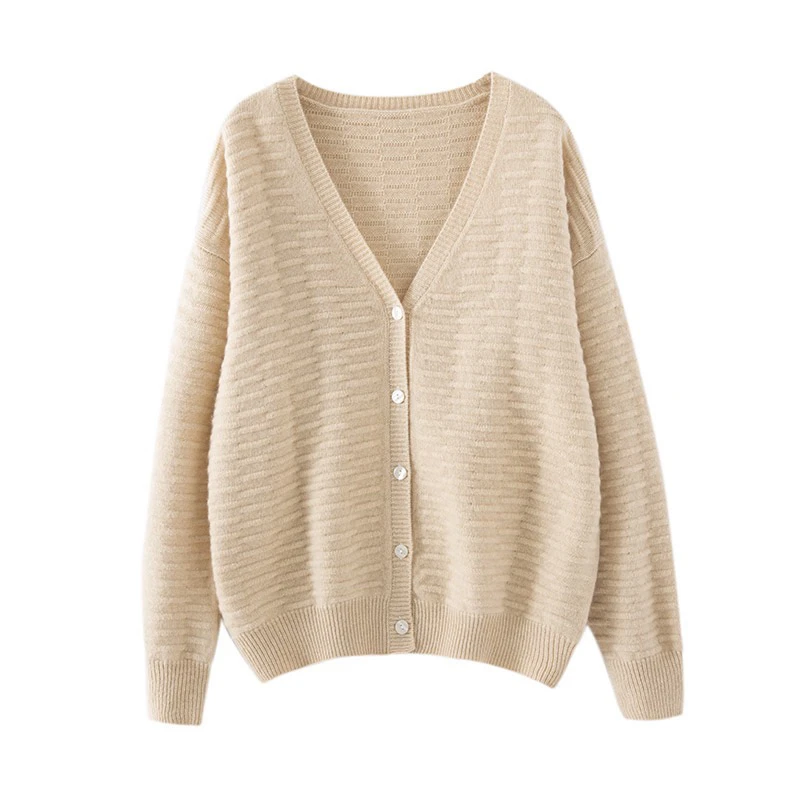 V领波纹厚款纽扣羊绒开衫 zz 8113针织春秋