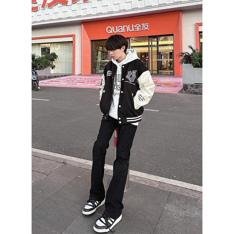 黑色柳叶弯刀牛仔裤男款美式高街加绒cleanfit裤子显瘦微喇直筒裤