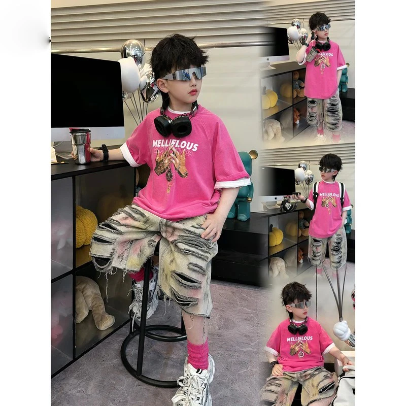 纯棉短袖【 双手】夏款时尚街头潮酷男童玫红色美式双手印花韩版T恤