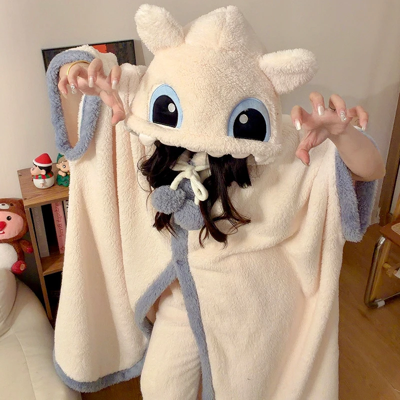 珊瑚绒无牙仔斗篷睡袍秋冬季睡衣女长袖长裤法兰绒加厚家居服套装