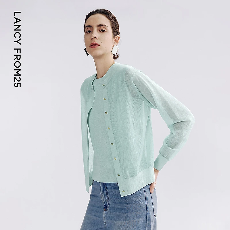 朗姿圆领薄款针织开衫长袖罩衫外搭高级感2025年夏季新款通勤上衣