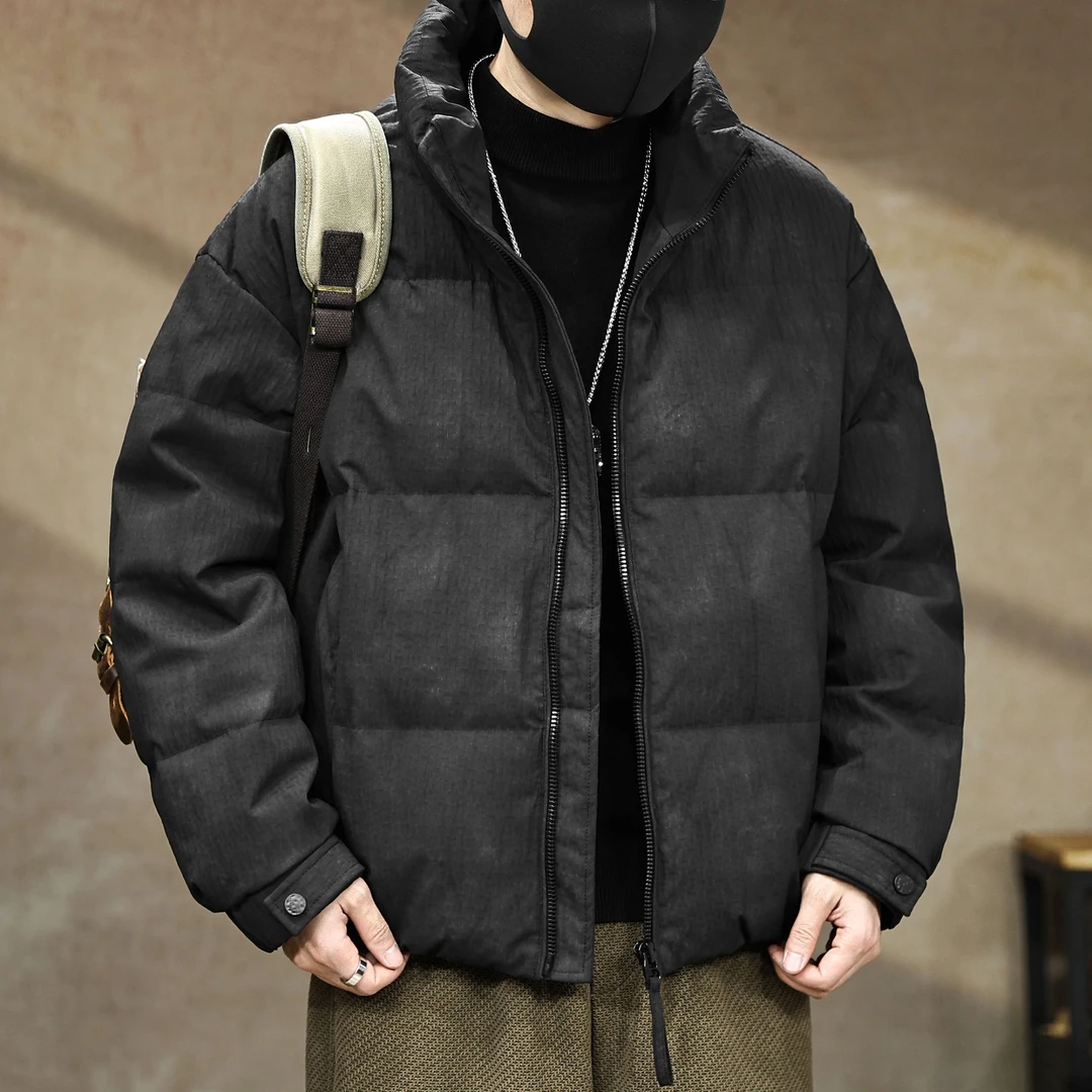 高充绒肌理感做旧复古90白鸭绒立领羽绒服男冬季加厚保暖短款外套