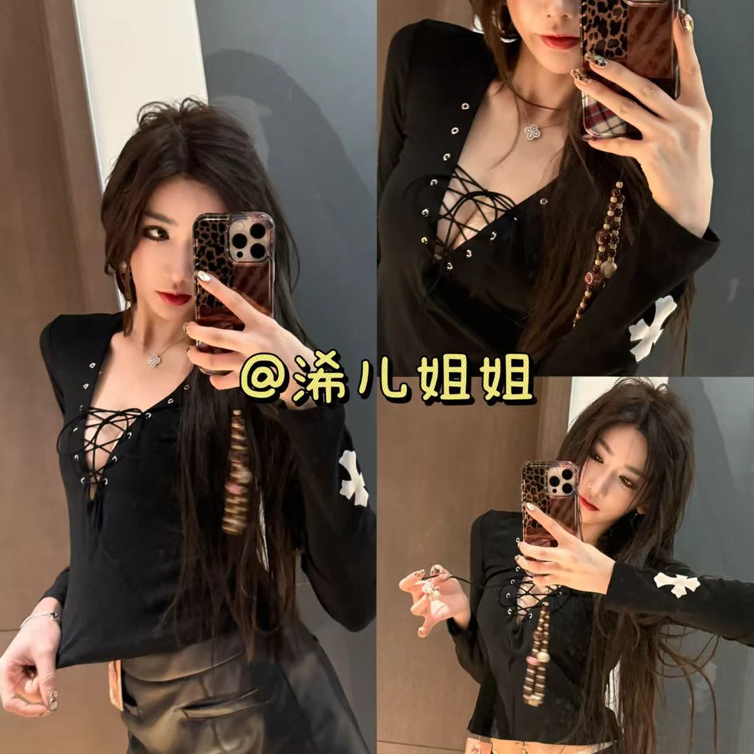 深V绑带修身上衣